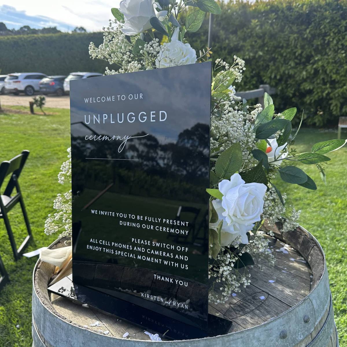 Custom acrylic wedding signage at a Melbourne ceremony