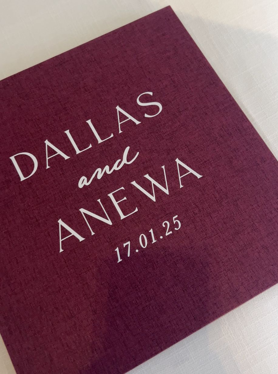 Burgundy linen guestbook