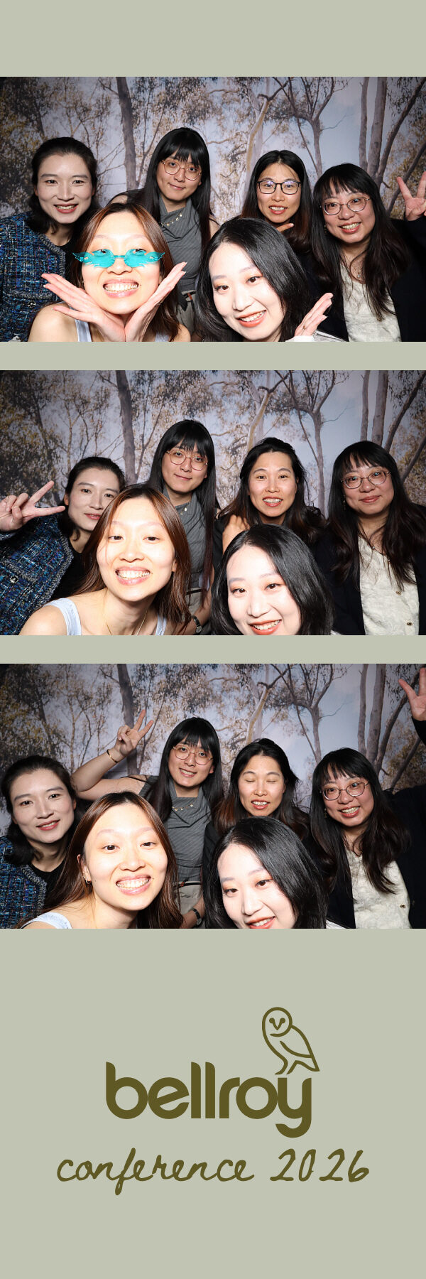 Photo strip from a Bellroy conference showing a group of six in front of a bushland backdrop, one guest wearing novelty teal sunglasses