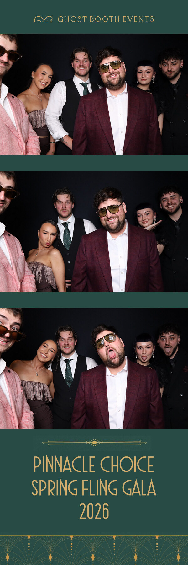 Photo booth strip with three photos of guests in formal wear and a branded Pinnacle Choice Spring Fling Gala footer
