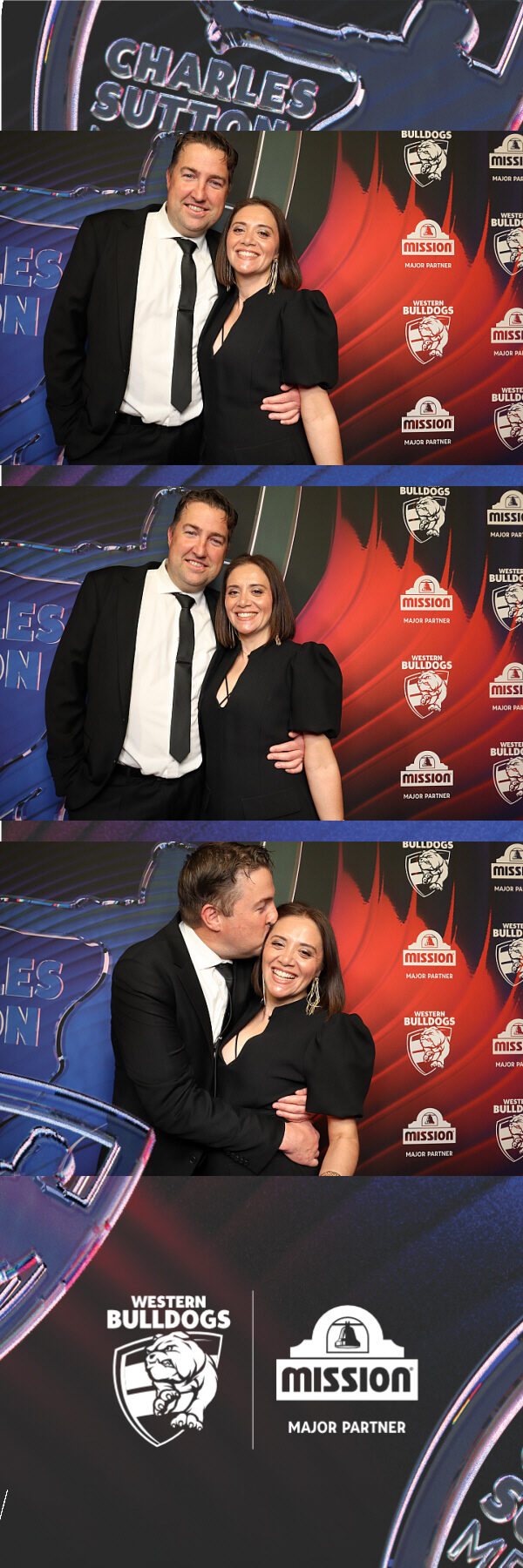 Photo strip from the Western Bulldogs Charles Sutton Medal showing a couple in black formal wear in front of a red and blue backdrop repeating the club crest and Mission major partner logo