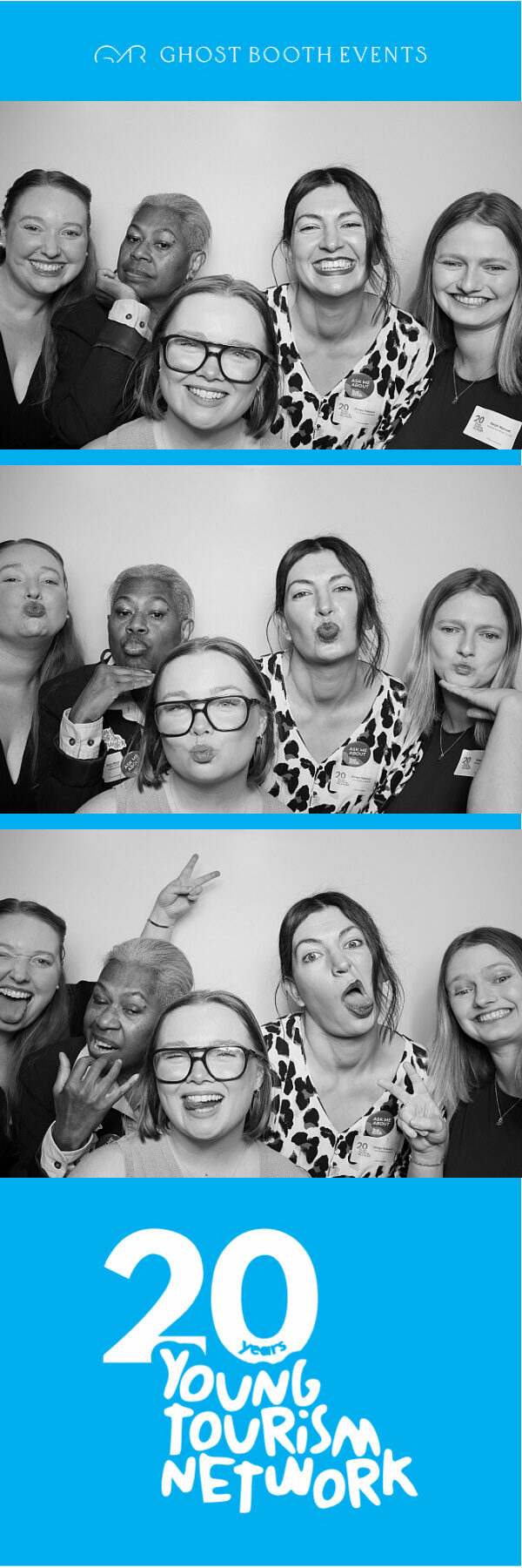 Black and white photo booth strip of colleagues laughing, with a blue Young Tourism Network 20 years footer