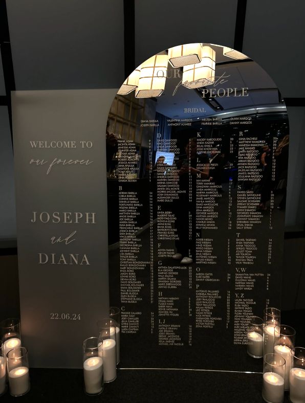 Mirror arch seating chart listing the bridal party first and then guests alphabetically, beside a frosted welcome sign, lit by candles