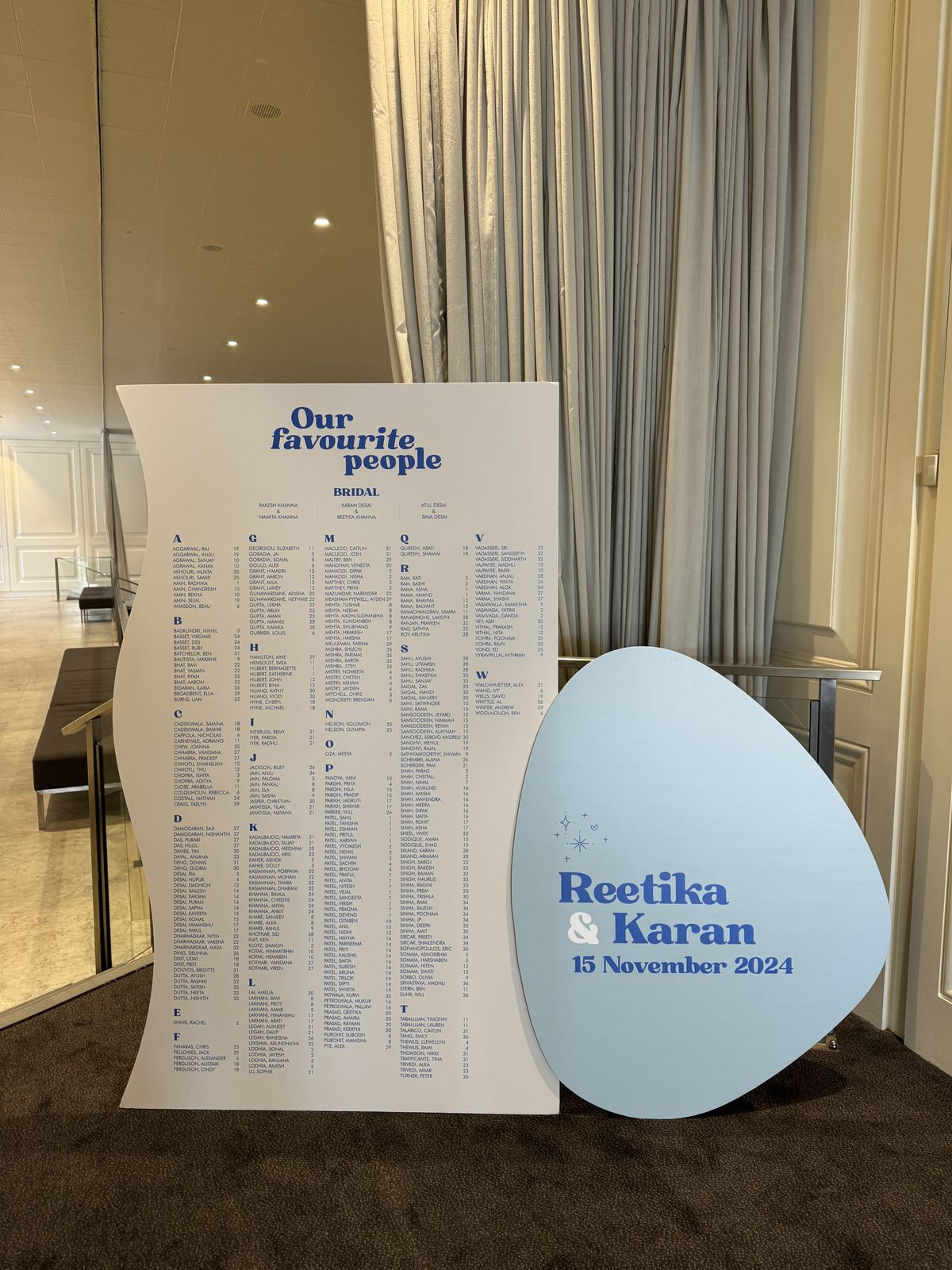 Pale blue pebble-shaped sign with bold blue lettering reading Reetika and Karan, 15 November 2024, beside a white wave-edged seating chart