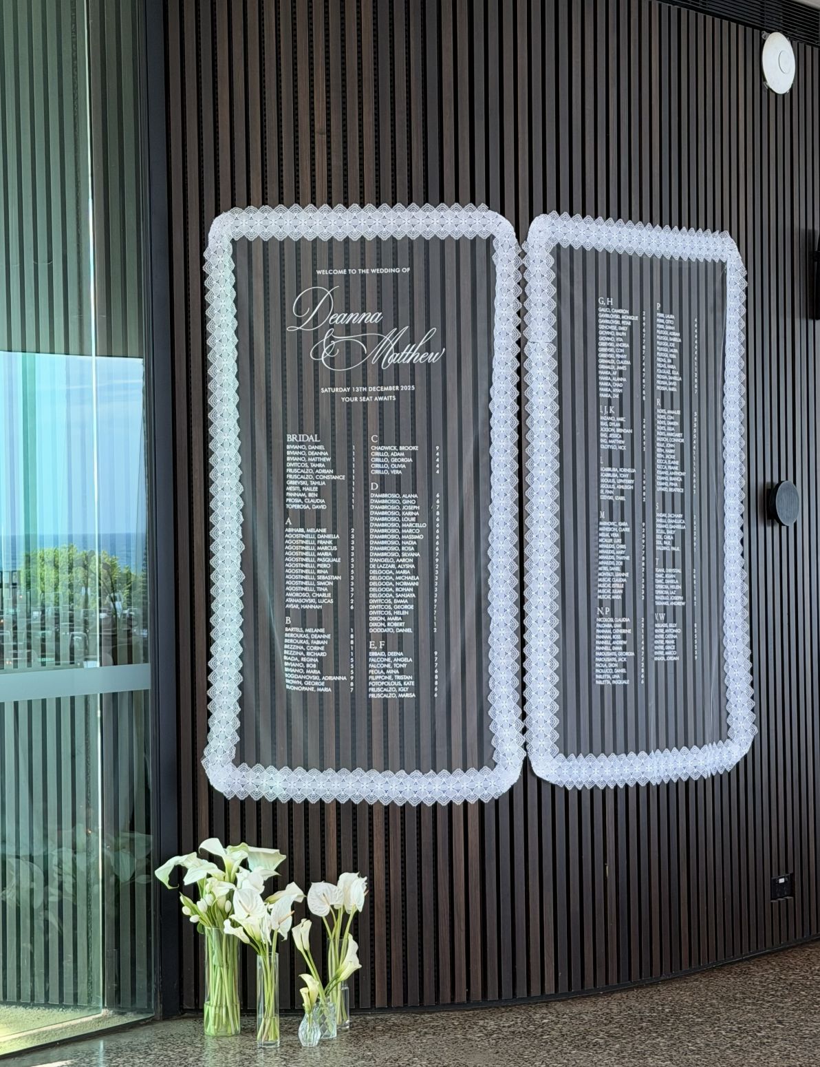 Two dark seating chart panels framed with white scalloped lace, mounted on a dark timber wall, with white calla lilies in vases below
